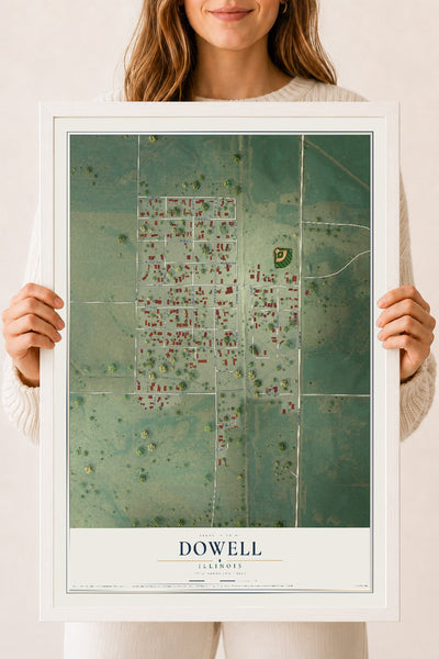 Map of Dowell, Illinois, 18 x 24 inch print in a white wood frame