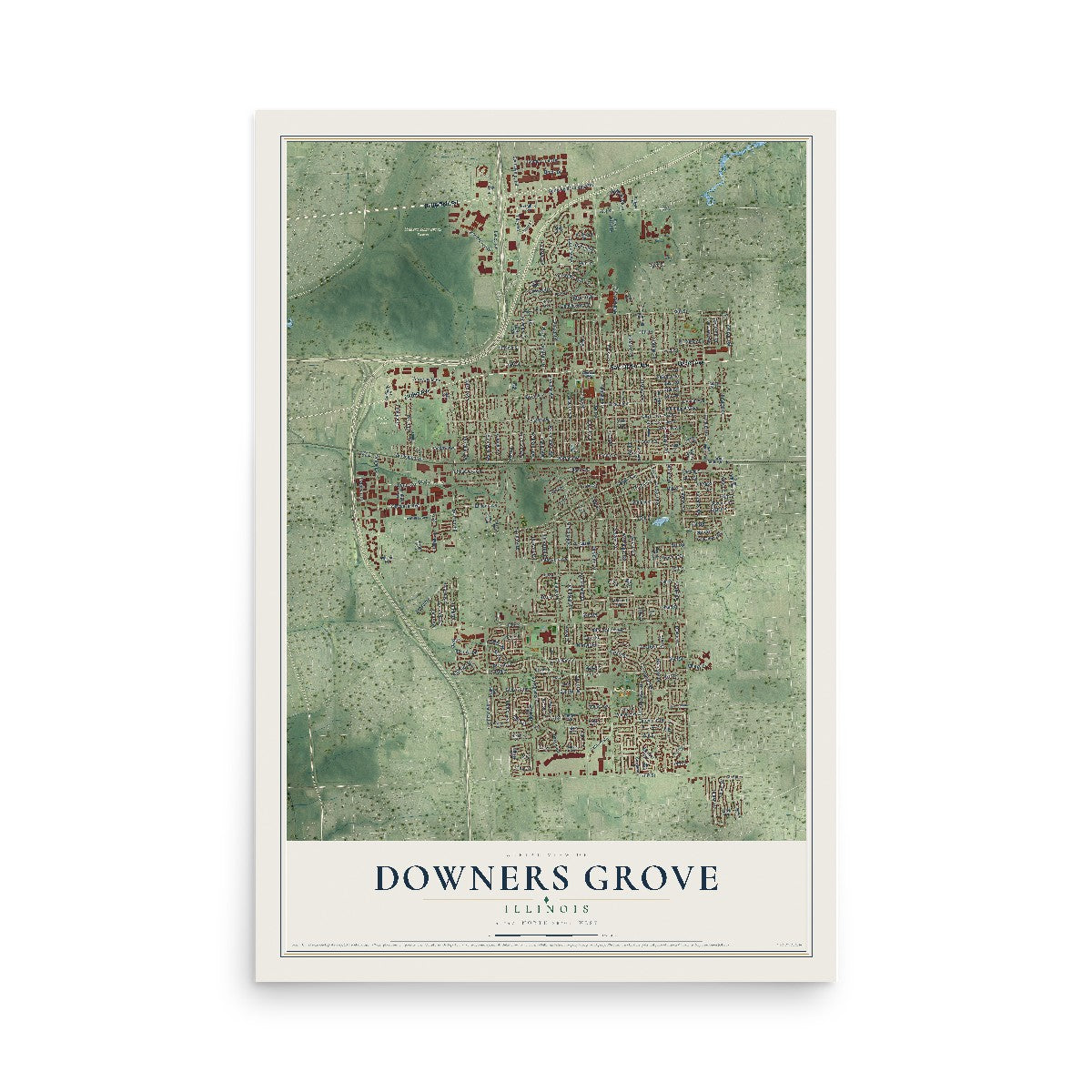 Map of Downers Grove, Illinois, 12 x 18 inch unframed archival matte print