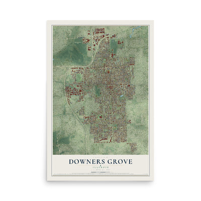 Map of Downers Grove, Illinois, 12 x 18 inch unframed archival matte print