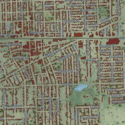 Close-up of the map of Downers Grove, Illinois print showing street and building detail