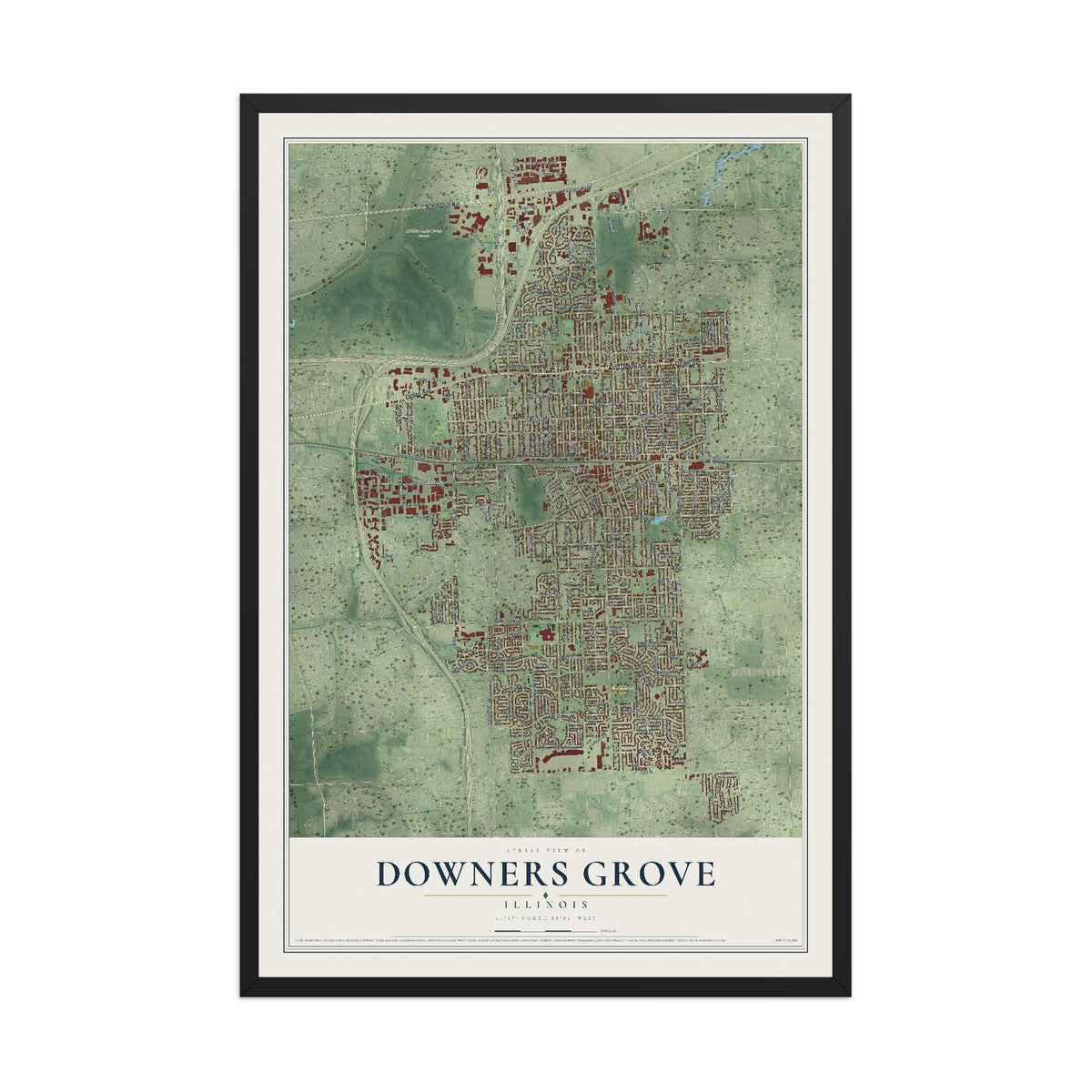 Map of Downers Grove, Illinois, 12 x 18 inch print in a black wood frame