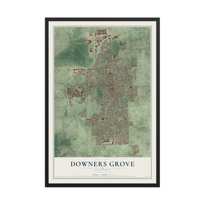 Map of Downers Grove, Illinois, 12 x 18 inch print in a black wood frame