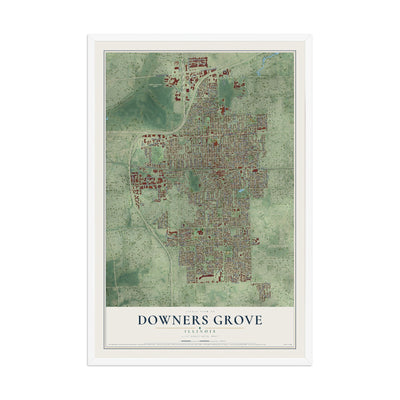Map of Downers Grove, Illinois, 12 x 18 inch print in a white wood frame