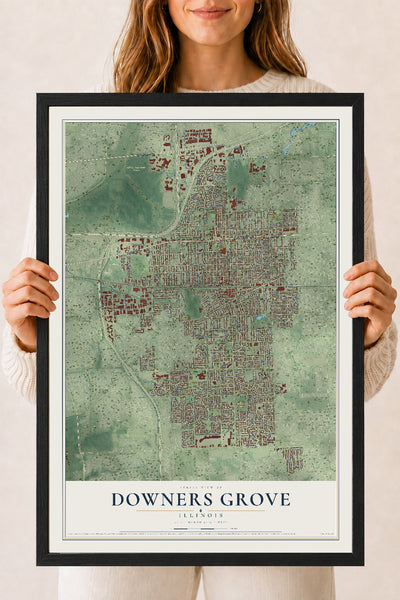 Map of Downers Grove, Illinois, 18 x 24 inch print in a black wood frame
