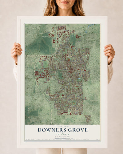 Map of Downers Grove, Illinois, 24 x 36 inch print in a white wood frame