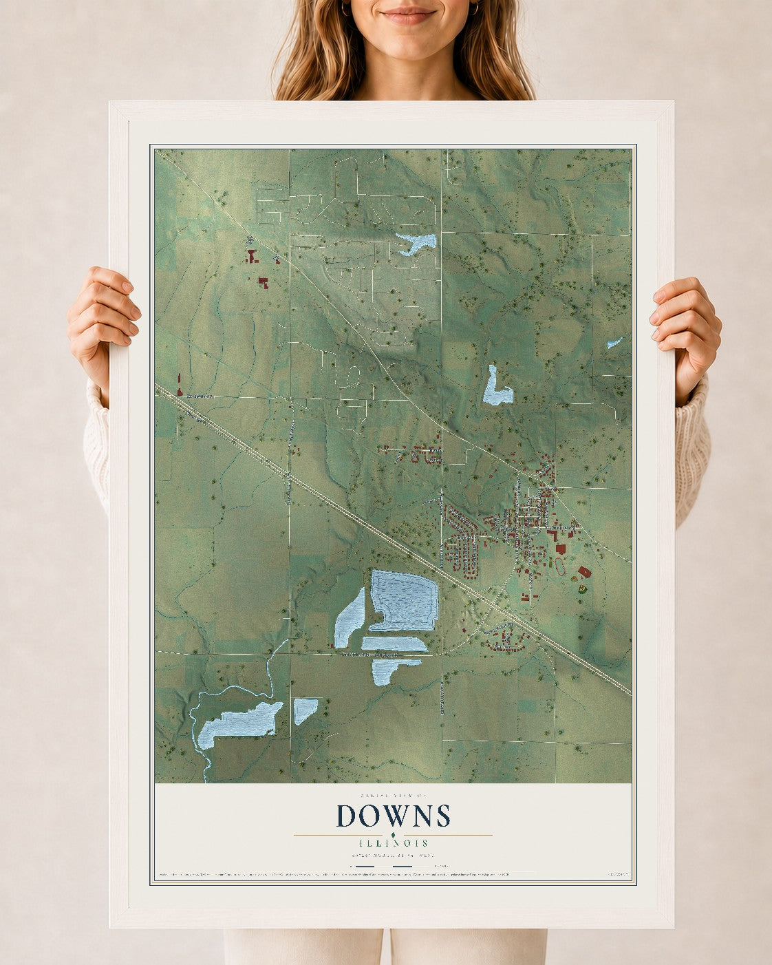 Map of Downs, Illinois, 24 x 36 inch print in a white wood frame