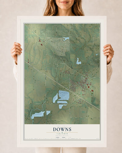 Map of Downs, Illinois, 24 x 36 inch print in a white wood frame
