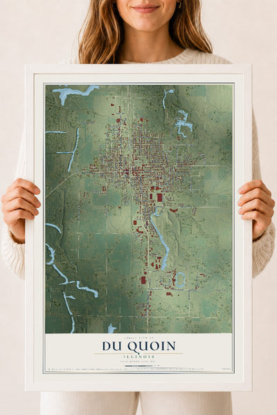 Map of Du Quoin, Illinois, 18 x 24 inch print in a white wood frame