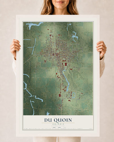 Map of Du Quoin, Illinois, 24 x 36 inch print in a white wood frame