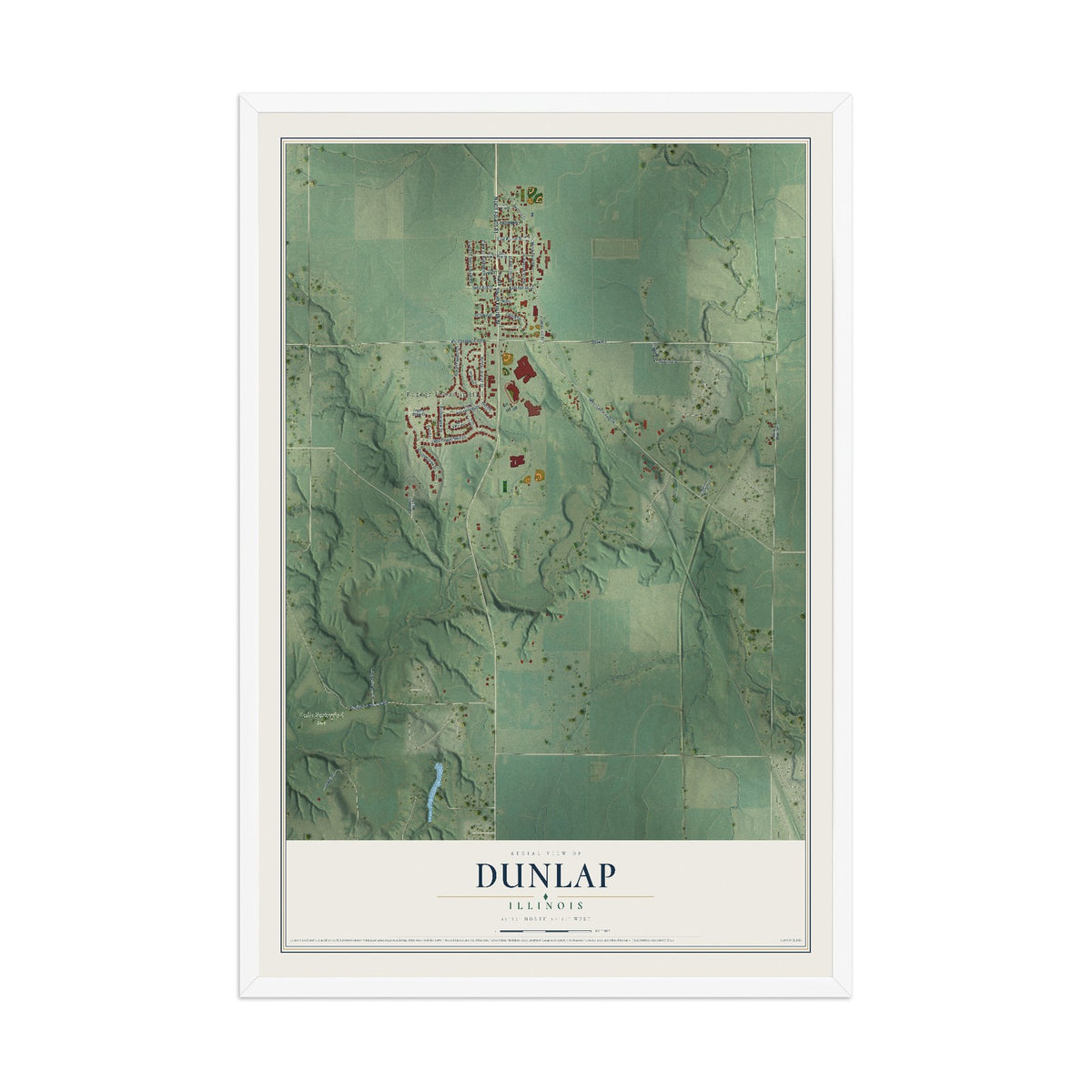 Map of Dunlap, Illinois, 12 x 18 inch print in a white wood frame