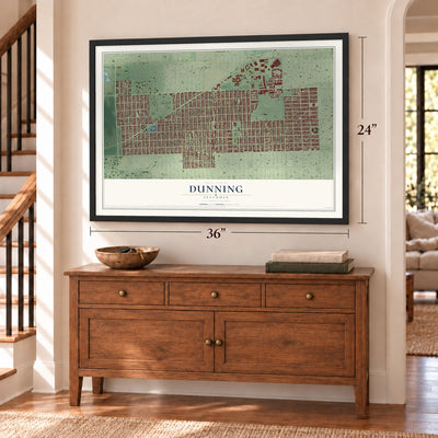 Dunning, Illinois map, 24 x 36 inch print in a black frame above a dresser by a staircase