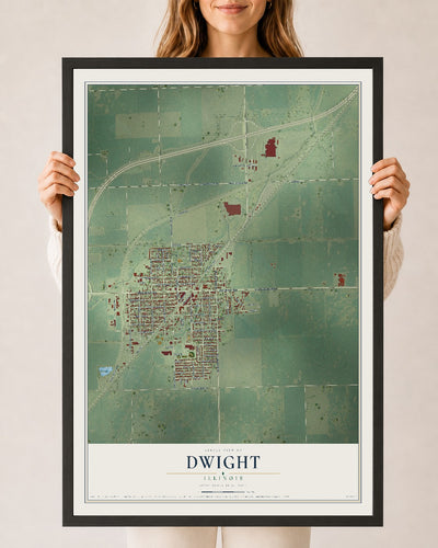 Map of Dwight, Illinois, 24 x 36 inch print in a black wood frame