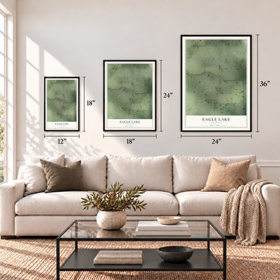 Eagle Lake, Illinois map in 12 x 18, 18 x 24 and 24 x 36 inch sizes above a sofa