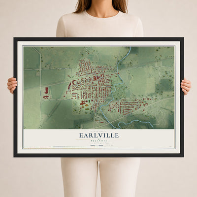 Map of Earlville, Illinois, 24 x 36 inch print in a black wood frame