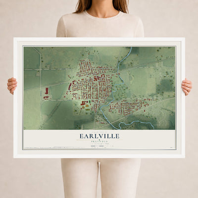 Map of Earlville, Illinois, 24 x 36 inch print in a white wood frame