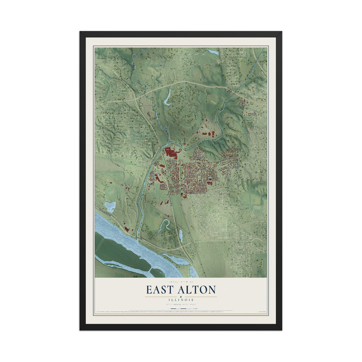 Map of East Alton, Illinois, 12 x 18 inch print in a black wood frame