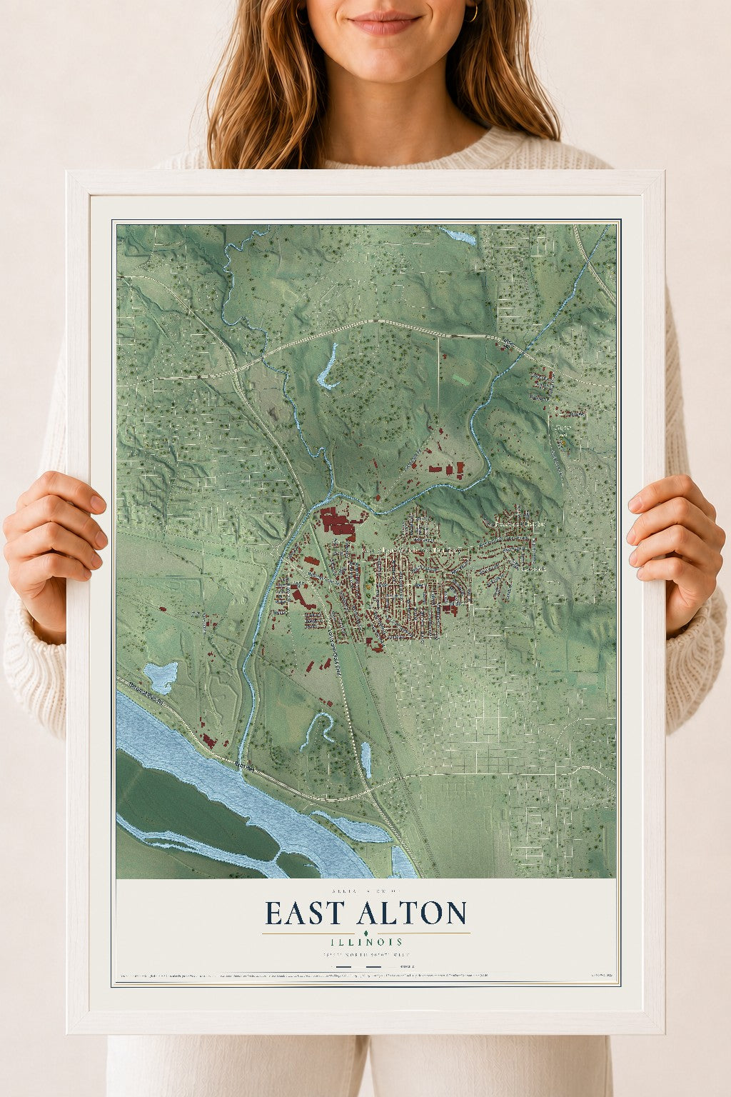 Map of East Alton, Illinois, 18 x 24 inch print in a white wood frame