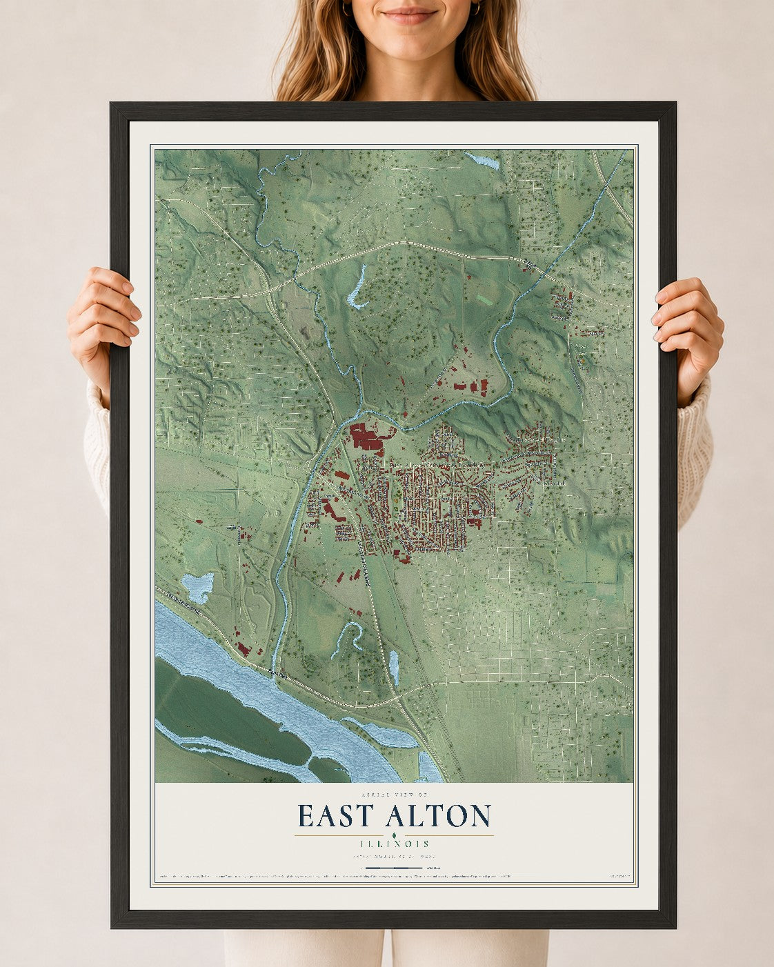 Map of East Alton, Illinois, 24 x 36 inch print in a black wood frame