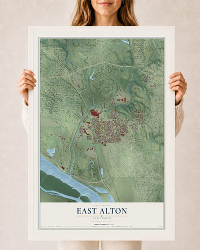 Map of East Alton, Illinois, 24 x 36 inch print in a white wood frame