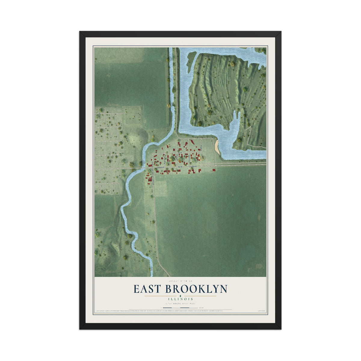 Map of East Brooklyn, Illinois, 12 x 18 inch print in a black wood frame