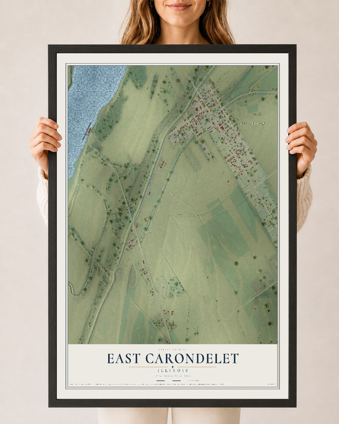 Map of East Carondelet, Illinois, 24 x 36 inch print in a black wood frame