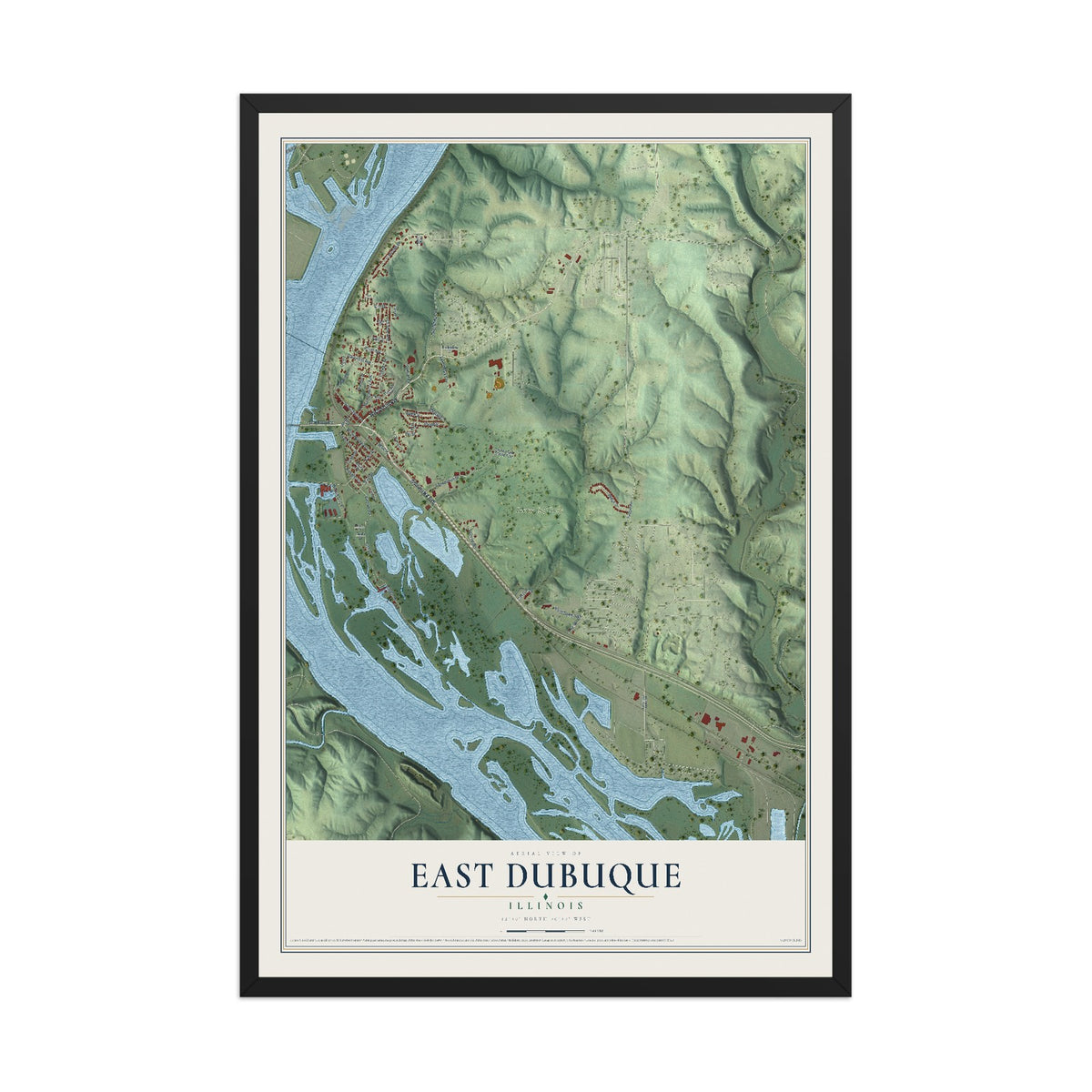 Map of East Dubuque, Illinois, 12 x 18 inch print in a black wood frame