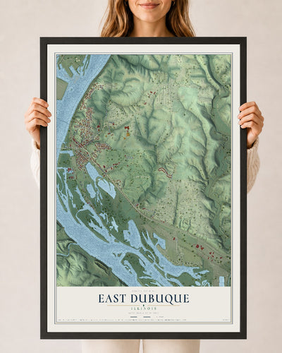 Map of East Dubuque, Illinois, 24 x 36 inch print in a black wood frame