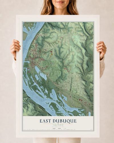 Map of East Dubuque, Illinois, 24 x 36 inch print in a white wood frame