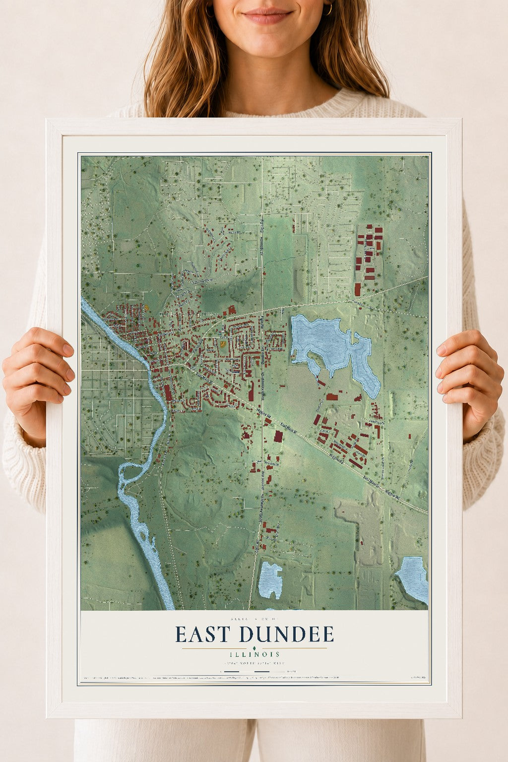 Map of East Dundee, Illinois, 18 x 24 inch print in a white wood frame