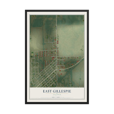 Map of East Gillespie, Illinois, 12 x 18 inch print in a black wood frame