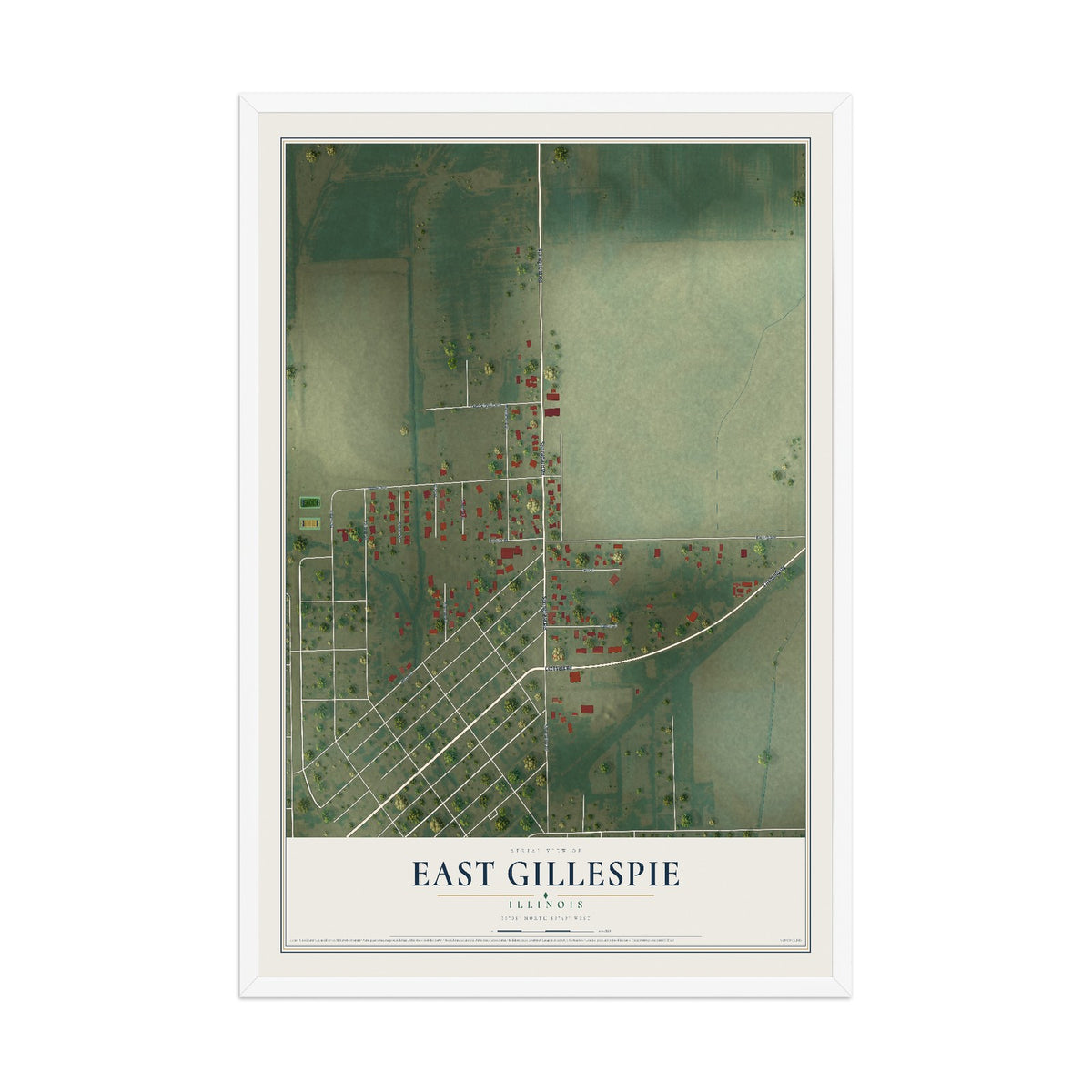 Map of East Gillespie, Illinois, 12 x 18 inch print in a white wood frame