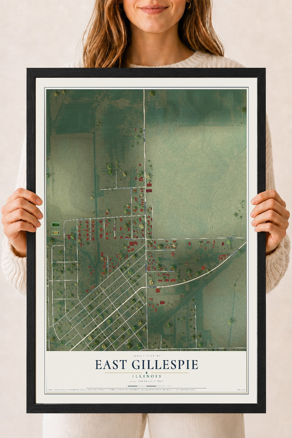 Map of East Gillespie, Illinois, 18 x 24 inch print in a black wood frame
