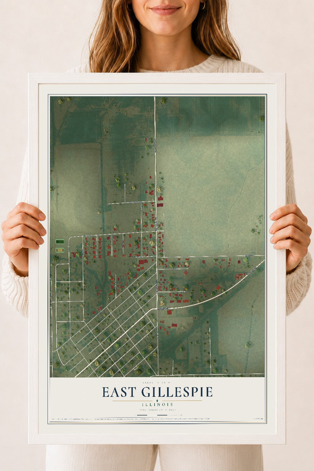 Map of East Gillespie, Illinois, 18 x 24 inch print in a white wood frame