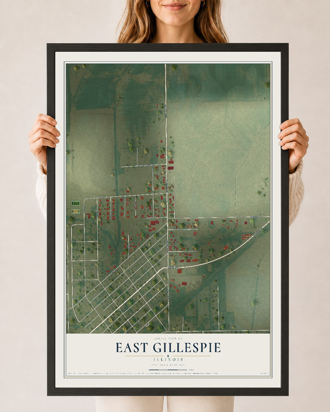 Map of East Gillespie, Illinois, 24 x 36 inch print in a black wood frame
