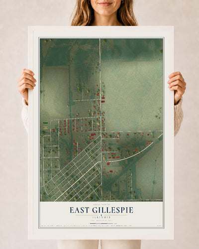 Map of East Gillespie, Illinois, 24 x 36 inch print in a white wood frame