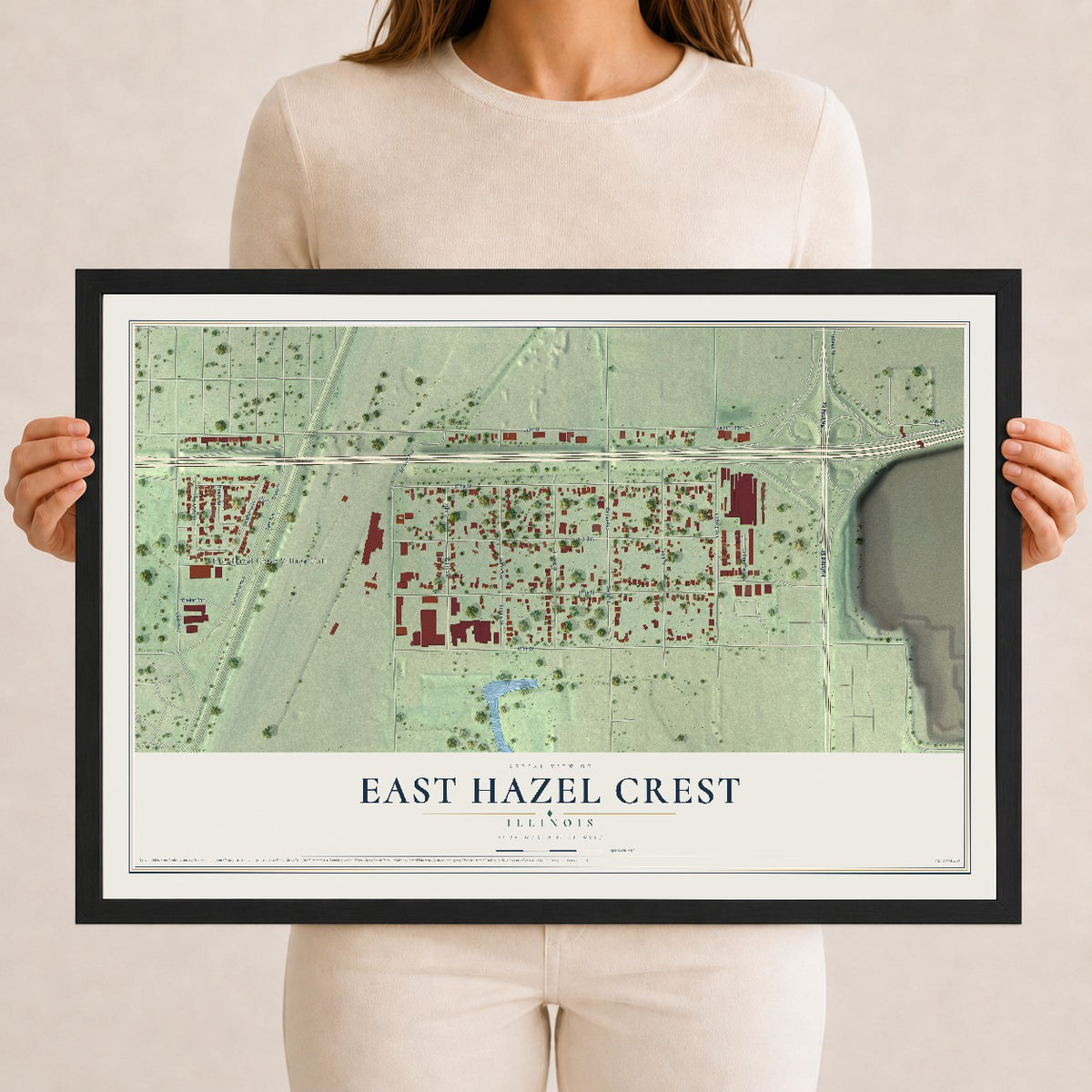 Map of East Hazel Crest, Illinois, 12 x 18 inch print in a black wood frame
