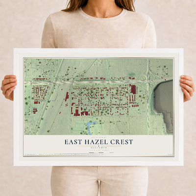 Map of East Hazel Crest, Illinois, 12 x 18 inch print in a white wood frame