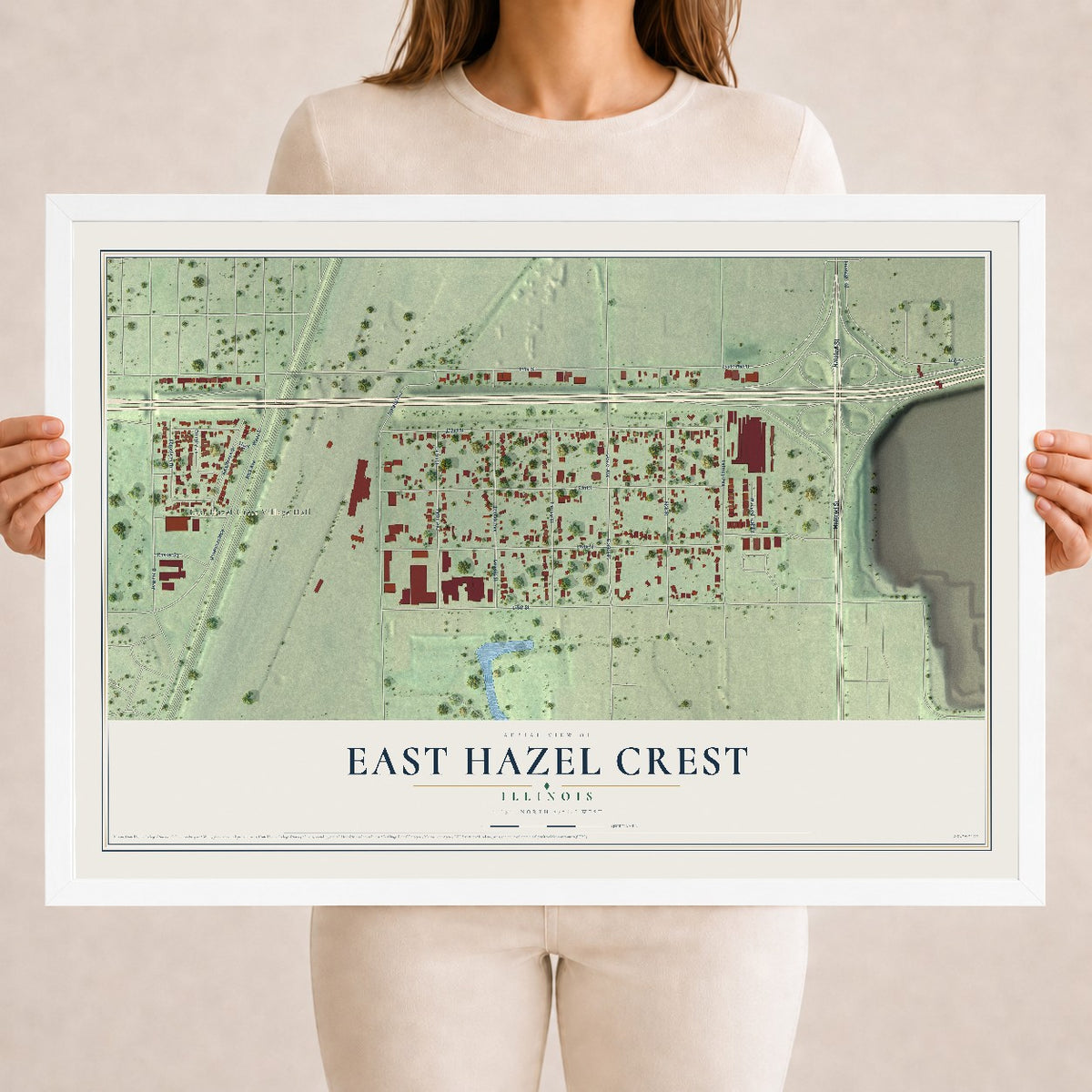 Map of East Hazel Crest, Illinois, 18 x 24 inch print in a white wood frame