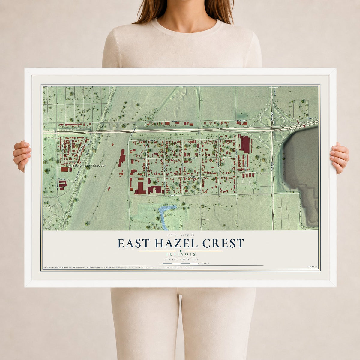 Map of East Hazel Crest, Illinois, 24 x 36 inch print in a white wood frame