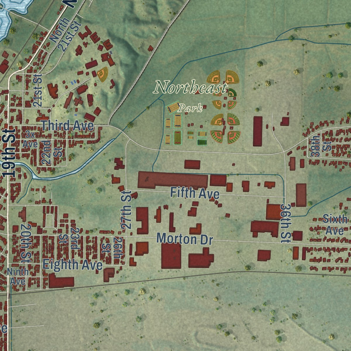 Second close-up of the map of East Moline, Illinois print showing more streets and buildings