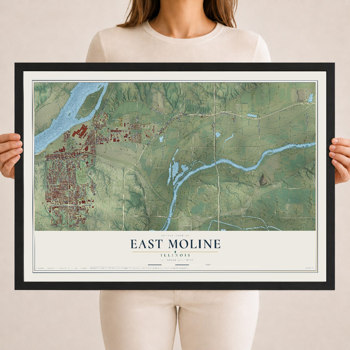 Map of East Moline, Illinois, 18 x 24 inch print in a black wood frame