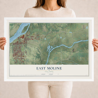 Map of East Moline, Illinois, 18 x 24 inch print in a white wood frame