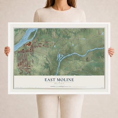 Map of East Moline, Illinois, 24 x 36 inch print in a white wood frame