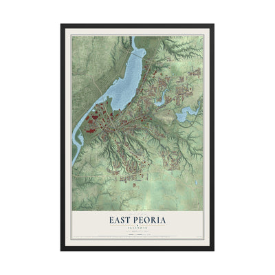 Map of East Peoria, Illinois, 12 x 18 inch print in a black wood frame