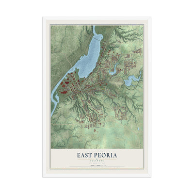 Map of East Peoria, Illinois, 12 x 18 inch print in a white wood frame