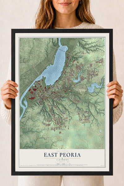 Map of East Peoria, Illinois, 18 x 24 inch print in a black wood frame