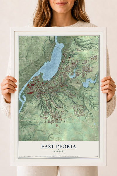 Map of East Peoria, Illinois, 18 x 24 inch print in a white wood frame