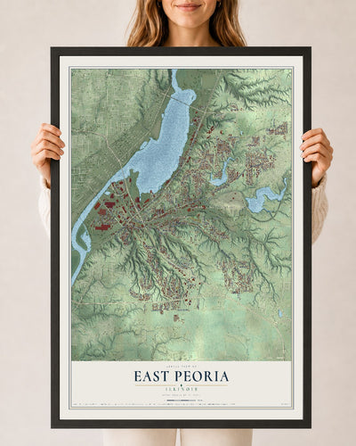 Map of East Peoria, Illinois, 24 x 36 inch print in a black wood frame