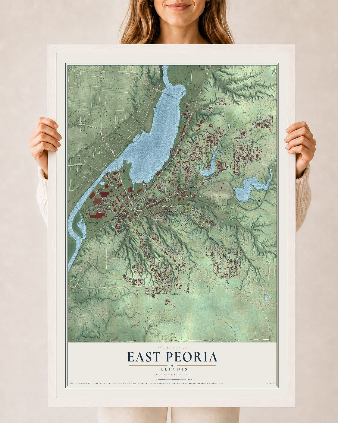 Map of East Peoria, Illinois, 24 x 36 inch print in a white wood frame