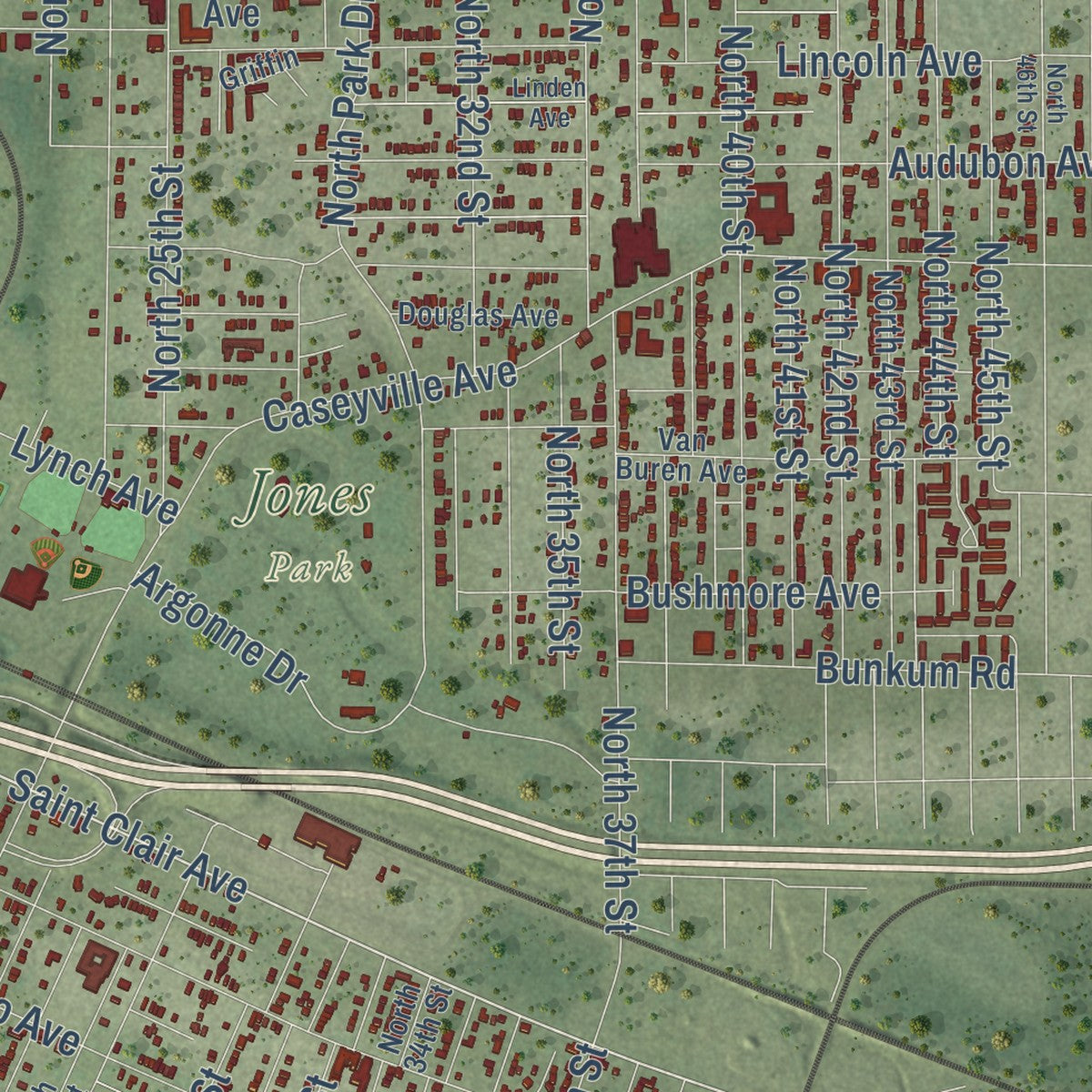Second close-up of the map of East St. Louis, Illinois print showing more streets and buildings
